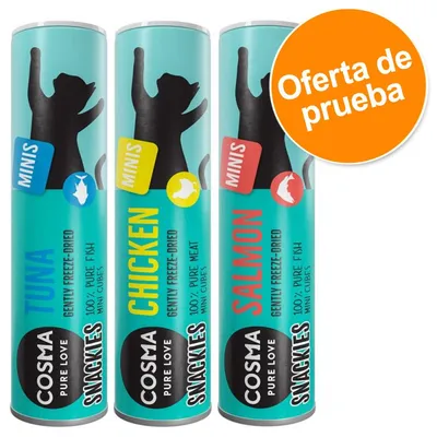 Tres tubos de snacks para gatos Cosma Snackies Minis: TUNA, CHICKEN y SALMON. Texto visible: 'Oferta de prueba'. Envases azul turquesa con silueta de gato y nombres en inglés.