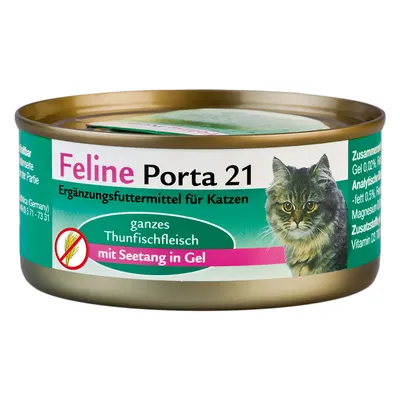 Feline Porta 21 kattemad, Ergänzungsfuttermittel für Katzen, ganzes Thunfischfleisch mit Seetang in Gel. Billede af kat på dåsen. Tekst på tysk og engelsk synlig.