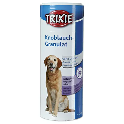 TRIXIE Knoblauch-Granulat, dåse med billede af hund. Tekst: Garlic Granules, Natürlicher Ungeziefer-Schutz, Natural pest protection. Flere sprog på emballagen.