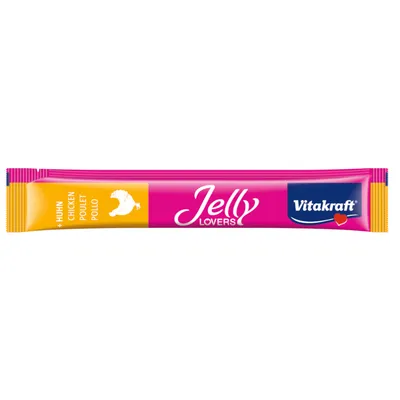 Vitakraft Jelly Lovers cu pui, ambalaj roz-galben cu imaginea unui pui.