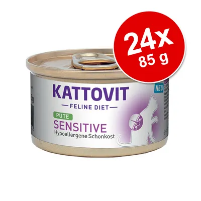 Conservă Kattovit Feline Diet Pute Sensitive, Hypoallergene Schonkost, 24x85 g. Text în germană pe ambalaj, imagine siluetă pisică.