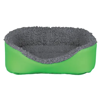 Pat pentru animale, cu exterior verde și interior din material textil gri, aspect pufos. Fără alte elemente vizibile sau marcă.