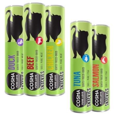 Míchané balení na zkoušku: Cosma Snackies 116 g, 5 druhů (kuřecí, tuňák, kachní, losos a hovězí)