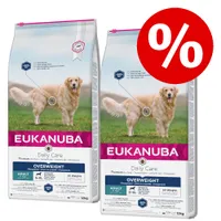 Eukanuba Daily Care Overweight Trockenfutter für erwachsene Hunde, 2 x 12 kg Packungen, -50% Fett laut Verpackung, Prozentzeichen für Rabattaktion sichtbar.