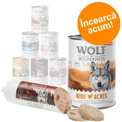 Conserve și baton Wolf of Wilderness, sortimente vizibile: Wide Acres, The Taste of Canada. Text pe etichetă: 100% grain-free recipe. Bulină portocalie cu text: Încearcă acum! Conserve și baton Wolf of Wilderness, sortimente vizibile: Wide Acres, The Taste of Canada. Text pe etichetă: 100% grain-free recipe. Bulină portocalie cu text: Încearcă acum!