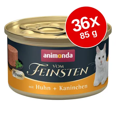 Conservă animonda Vom Feinsten Mousse cu Huhn + Kaninchen, imagine cu pisică albă și etichetă roșie: 36x 85 g.