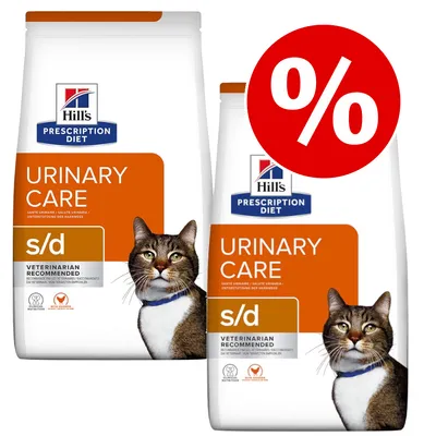 Hill's Prescription Diet Urinary Care s/d суха храна за котки, изображение на две опаковки с котка и голям червен символ за процентна отстъпка.