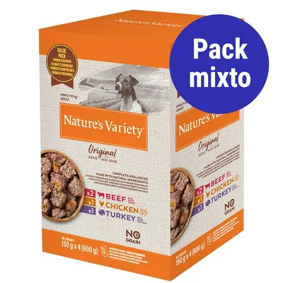 Caja de Nature's Variety Original Paté pack mixto, 4 x 150 g: 2 Beef, 1 Chicken, 1 Turkey. Sin cereales. Imagen de un perro en el envase. Caja de Nature's Variety Original Paté pack mixto, 4 x 150 g: 2 Beef, 1 Chicken, 1 Turkey. Sin cereales. Imagen de un perro en el envase.