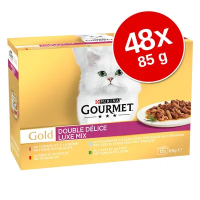 Purina Gourmet Gold Double Délice Luxe Mix, 48x85 g. Pachet cu sortimente: rață și curcan, vită și pui, pește oceanic cu spanac, iepure și ficat. Imagine cu pisică albă pe ambalaj.