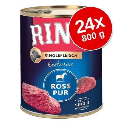 Conservă Rinti Singlefleisch Exclusive Ross Pur, 1 Protein Single, getreidefrei, pachet 24x800 g. Text vizibil: ROSS PUR, 1 Protein SINGLE, getreidefrei.