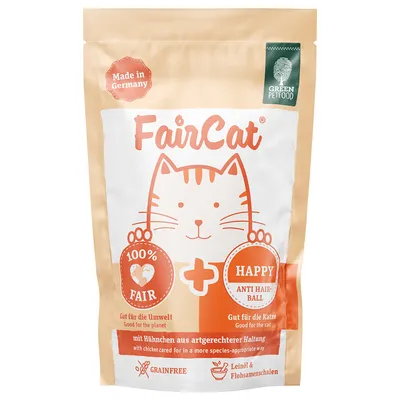 FairCat Happy Anti Hair Ball, Made in Germany, 100% fair, mit Hühnern aus artgerechter Haltung, grainfree, Leinöl & Flohsamenschalen. Gut für die Umwelt und die Katze.