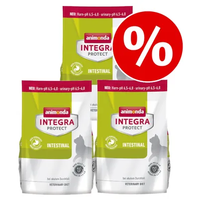 Tre poser animonda INTEGRA PROTECT INTESTINAL kattefoder, tekst: NEU: Harn-pH 6,5–6,8 urinary-pH 6,5–6,8, stor rød procent-tegn for tilbud.