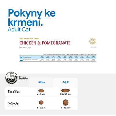 Doporučení pro krmení pro dospělé kočky: Chicken a Pomegranate. Tabulka s množstvím krmiva podle hmotnosti, velikost granulí pro koťata a Adult, průměr a tloušťka v mm.