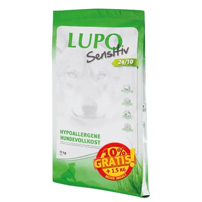 Balení LUPO Sensitiv 24/10, HYPOALLERGENE HUNDEVOLLKOST, 15 kg, 10 % GRATIS +1,5 kg MEHR INHALT, viditelné ikony: Monoprotein, Glutenfrei, LupoCell, Kipersisto.