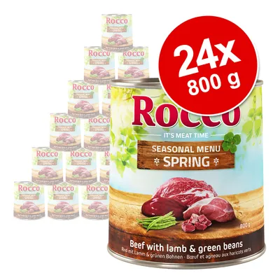 Lot de 24 boîtes Rocco Seasonal Menu Spring, 800 g chacune. Boeuf et agneau aux haricots verts. Texte visible en anglais et allemand sur l’étiquette.