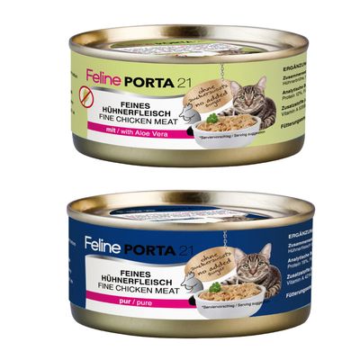 Feline Porta 21, Ganzes Thunfischfleisch mit Breitling und Shirasu, ohne Zuckerzusatz. Packung enthält 24 Dosen. Serviervorschlag mit Katzenmotiv.
