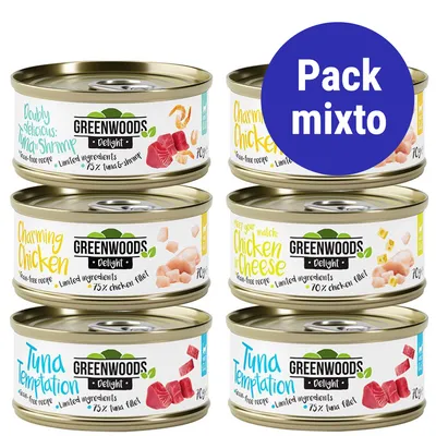 Pack mixto de 6 latas Greenwoods Delight: Doubly Yelicious Tuna & Shrimp, Charming Chicken, Chicken & Cheese, Tuna Temptation. Texto visible: 'Pack mixto' en círculo azul. Pack mixto de 6 latas Greenwoods Delight: Doubly Yelicious Tuna & Shrimp, Charming Chicken, Chicken & Cheese, Tuna Temptation. Texto visible: 'Pack mixto' en círculo azul.