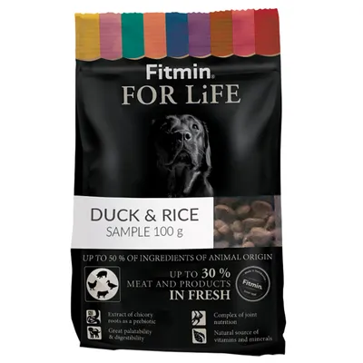 Упаковка Fitmin FOR LiFE Duck & Rice, пробник 100 г. До 50 % ингредиентов животного происхождения, до 30 % мяса и продуктов IN FRESH. Экстракт цикория, комплекс для суставов.