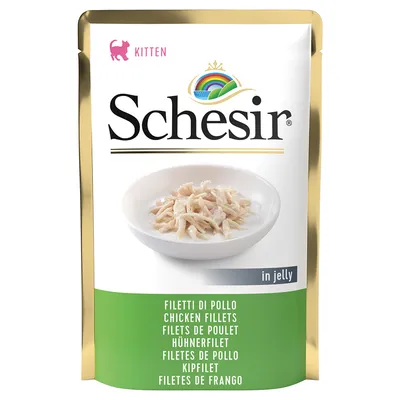 Schesir Kitten kycklingfilé i gelé. Förpackning med bild av kycklingfilé i gelé och flerspråkig produktbeskrivning.