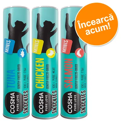 COSMA SNACKIES PURE LOVE, trei tuburi: TUNA 100% pure fish mini cubes, CHICKEN 100% pure meat mini cubes, SALMON 100% pure fish mini cubes. Text portocaliu: Încearcă acum!