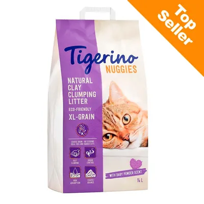 Tigerino Nuggies Natural Clay Clumping Litter XL-Grain, eco-friendly, 14 l, vôňa detského púdru. Top Seller. Rýchle hrudkovanie, kontrola zápachu, vysoká absorpcia, hrubé zrno.