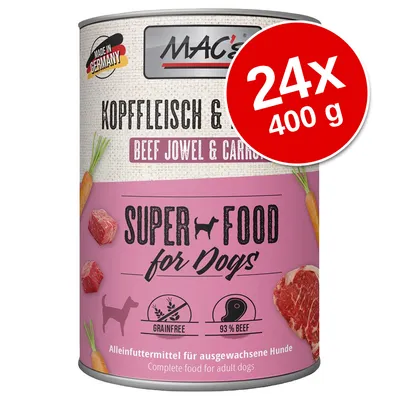 Conservă MAC's Super Food for Dogs, KopfFleisch & Karotte, Beef Jowel & Carrot, 24x400 g, fără cereale, 93% vită, Made in Germany. Text în engleză și germană pe ambalaj.