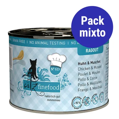 Lata de comida para gatos catz finefood Nº 613, ragout de pollo y mejillones. Etiqueta con texto 'Pack mixto'. Sin cereales ni pruebas en animales. Ingredientes visibles en varios idiomas.