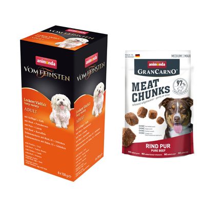 animonda umido 6 x 150 g / 400 g / 800 g + Meat Chunks Medium/Maxi Manzo, 80 g gratis! - Feinsten Adult Pacco misto Deliziosa varietà (6 varianti) 6 x 150 g + Meat Chunks Medium / Maxi Manzo puro, 80 g