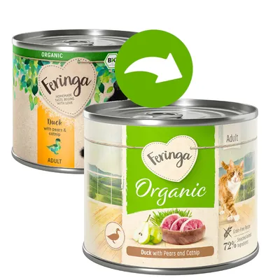 Feringa Organic Adult comida húmeda: pato con pera y menta para gatos, 72% ingredientes de origen animal, receta sin cereales. Certificado ecológico visible.