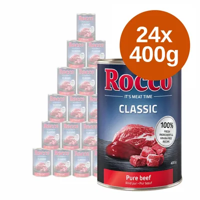 Rocco Classic Pure beef, 24 puszki po 400 g. Na etykiecie: 100% fresh ingredients & grain-free recipe. Widoczne opakowania zbiorcze i pojedyncza puszka.
