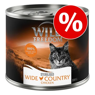 Conservă Wild Freedom Sterilised Wide Country Chicken 200g, 100% grain-free recipe, imagine cu pisică și simbol procent pentru promoție.