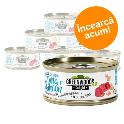 Conserve Greenwoods Delight pentru pisici, sortimente vizibile: Tuna 'n' Salmon, Tuna Temptation, 70% tuna fillet, 70 g. Etichetă portocalie: Încearcă acum! Conserve Greenwoods Delight pentru pisici, sortimente vizibile: Tuna 'n' Salmon, Tuna Temptation, 70% tuna fillet, 70 g. Etichetă portocalie: Încearcă acum!