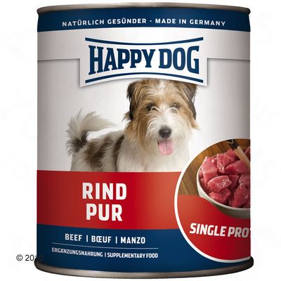 Conservă Happy Dog Rind Pur, text vizibil: NATÜRLICH GESÜNDER • MADE IN GERMANY, BEEF | BŒUF | MANZO, SINGLE PROTEIN, imagine carne de vită crudă într-un bol.