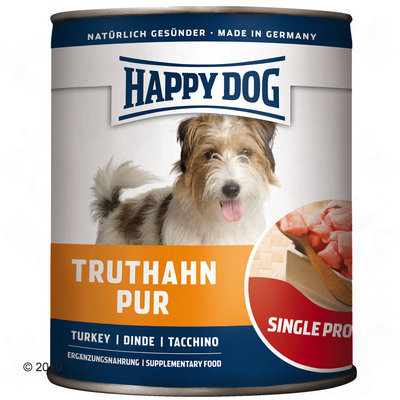Conservă Happy Dog, text vizibil: NATÜRLICH GESÜNDER • MADE IN GERMANY, TRUTHAN PUR, TURKEY | DINDE | TACCHINO, SINGLE PROTEIN, supliment alimentar pentru câini.
