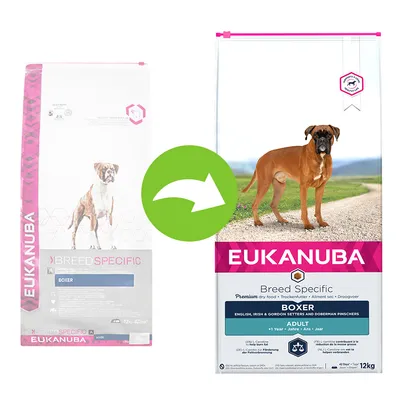 Porovnanie starého a nového balenia krmiva Eukanuba Breed Specific Boxer, 12 kg. Viditeľné zmeny dizajnu obalu, názov produktu a informácie o určení pre dospelých psov.