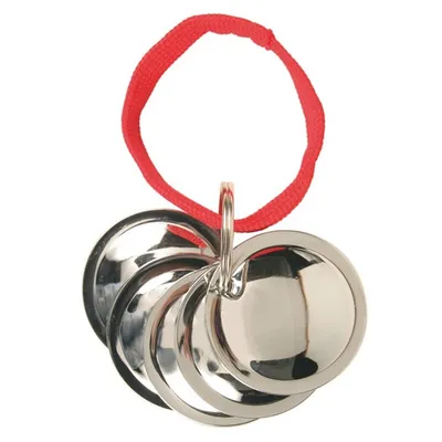 Set of four metal training bells attached to a red fabric loop, designed for use as a pet training aid.