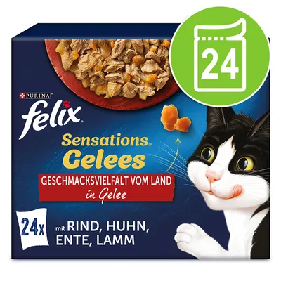 Purina Felix Sensations Gelees, výber príchutí z vidieka v želé. 24x s hovädzím, kuracím, kačacím, jahňacím.