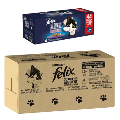 44 x 85 g gratis! 120 x 85 g/120 x 80 g Pachet Jumbo Felix + 44 x 85 g hrană umedă pentru pisici - 120x85 g Amestec de carne I (vită, pui, rață, miel) + 44x85 g Pui, vită, ton, somon