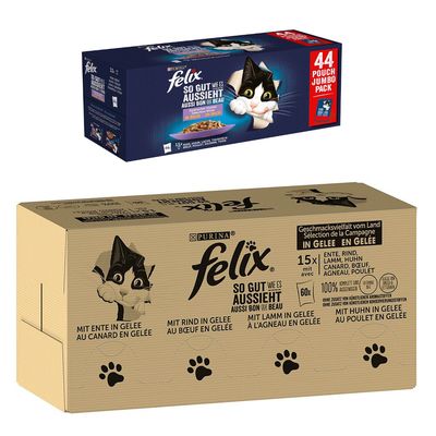 120 x 85 g/80 g Jumbopack Felix + 44 x 85 g Pouches gratis! 120 x 85 g "So gut wie es aussieht" Fleisch Mix 1 + 44 x 85 g Huhn, Rind, Thunfisch, Lachs