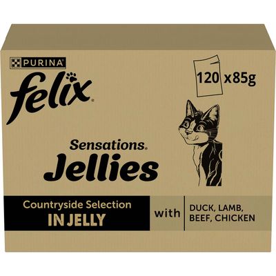 Jumbo balenie Felix Sensations Jellies kapsičky 120 x 85 g hovädzie, kura, kačica, jahňacie