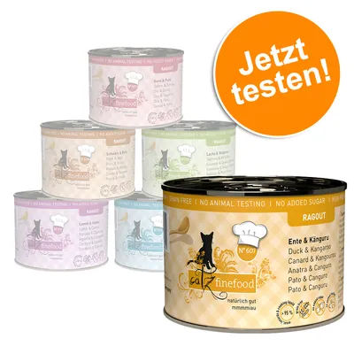 catz finefood Ragout, verschiedene Sorten: Ente & Känguru, Gans & Pute, Schwein & Kalb, Lachs & Wildlachs, Lamm & Kaninchen. Getreidefrei, ohne Zuckerzusatz, keine Tierversuche. Jetzt testen!