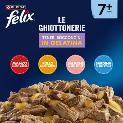 Purina Felix Le Ghiottonerie, teneri bocconcini in gelatina per gatti dai 7+ anni: manzo, pollo, salmone, sardina in gelatina.