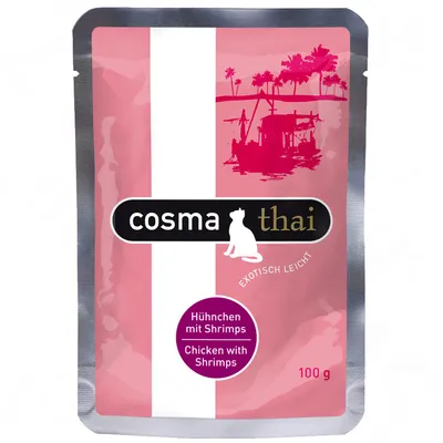 Συσκευασία cosma thai, γεύση Chicken with Shrimps, 100 g. Εμφανίζεται και το κείμενο Hühnchen mit Shrimps. Ροζ φόντο με γραφικό φοίνικες και βάρκα.