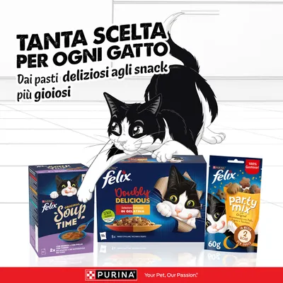 Felix alimento per gatti e snack: Soup Time, Doubly Delicious in gelatina, Party Mix. Tanta scelta per ogni gatto, dai pasti deliziosi agli snack più gioiosi. Purina. Felix alimento per gatti e snack: Soup Time, Doubly Delicious in gelatina, Party Mix. Tanta scelta per ogni gatto, dai pasti deliziosi agli snack più gioiosi. Purina.