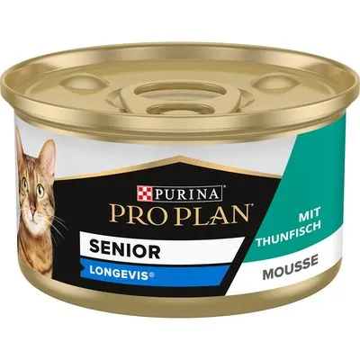 Scatoletta Purina Pro Plan Senior Longevis mousse per gatti, con testo visibile: MIT THUNFISCH MOUSSE e immagine di un gatto sul fronte della confezione.