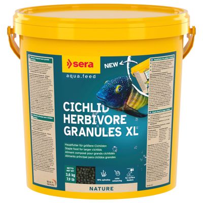 Sera Cichlid Green XL, alimento en pellets vegetales para cíclidos africanos. Envase de 3,6 kg (7,9 lb), 10 000 ml. Texto visible en alemán, inglés y francés.
