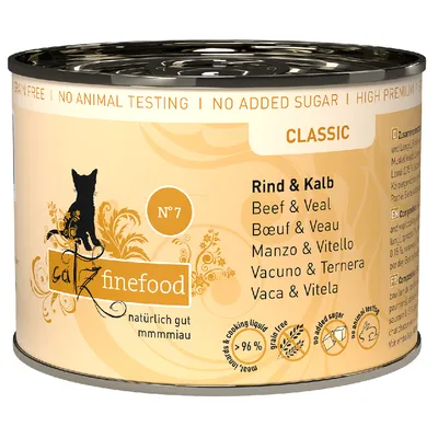 Catz finefood Classic Nr. 7, βοδινό και μοσχαρίσιο, χωρίς δημητριακά, χωρίς προσθήκη ζάχαρης, χωρίς δοκιμές σε ζώα, 96% κρέας και ζωμός.