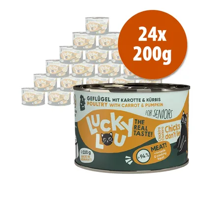 24 lattine da 200 g Lucky Lou, visibile testo: Geflügel mit Karotte & Kürbis, Poultry with carrot & pumpkin, for seniors, >94% meat, made in Germany, the real taste!