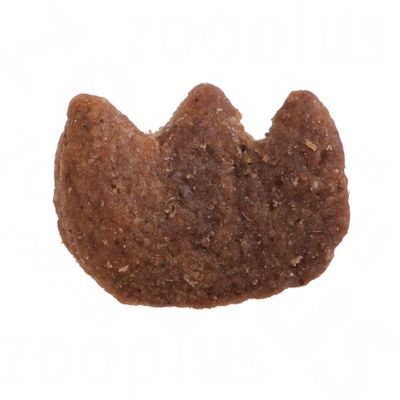 Croquete individual de ração castanha, formato irregular com três saliências no topo, superfície texturizada visível.