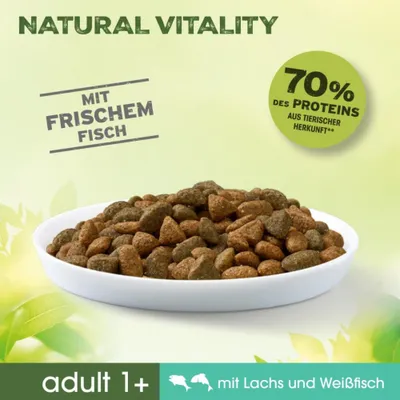 NATURAL VITALITY, mit frischem Fisch, 70% des Proteins aus tierischer Herkunft, adult 1+, mit Lachs und Weißfisch. Schale mit Trockenfutter abgebildet.